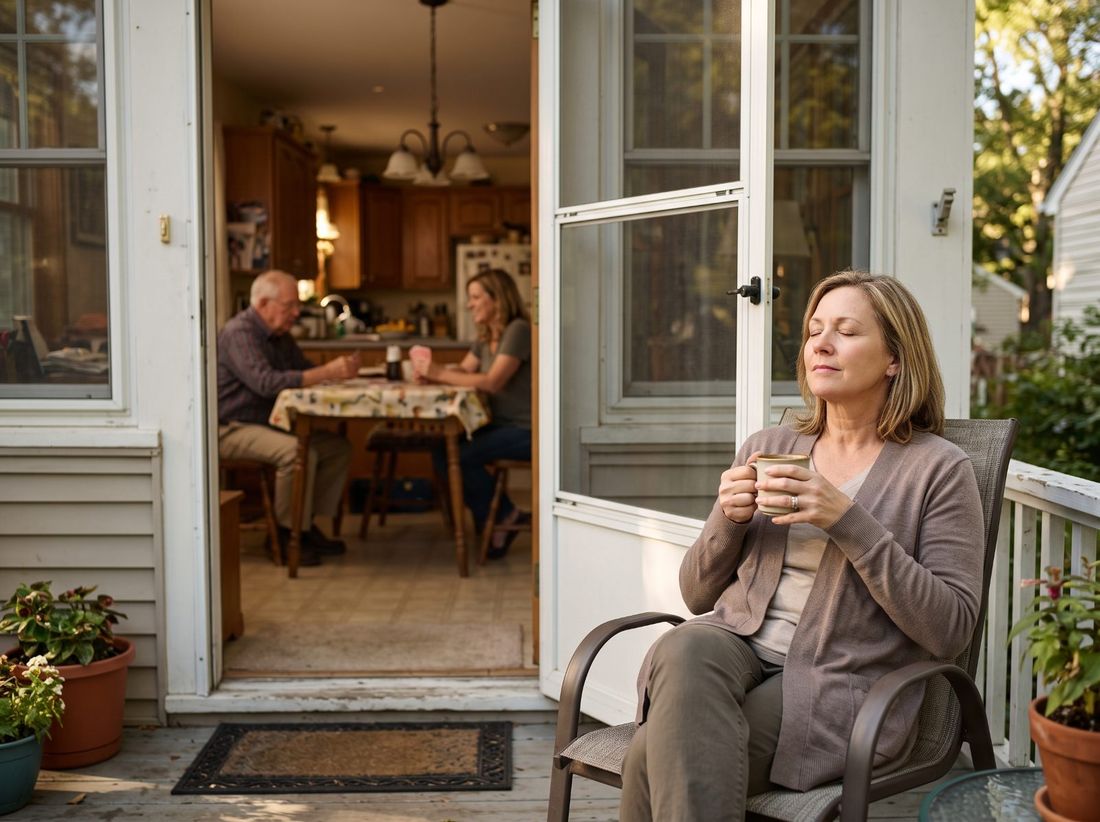 A woman resting on the back porch with a cup of coffee while her father plays cards inside
