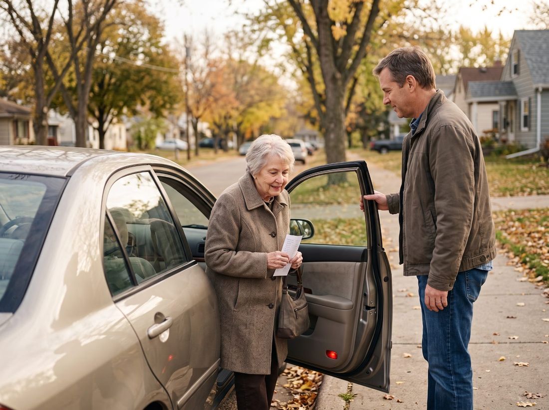 A driver holding the car door for an older woman with her shopping list